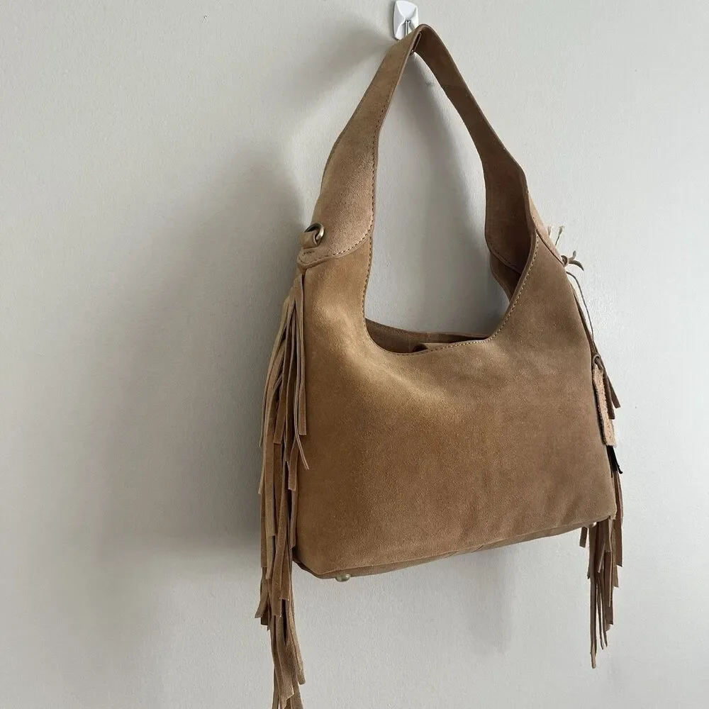 NWT Western Fringe Suede Leather Hobo Bag Tan Cowgirl Festival Crossbody Purse